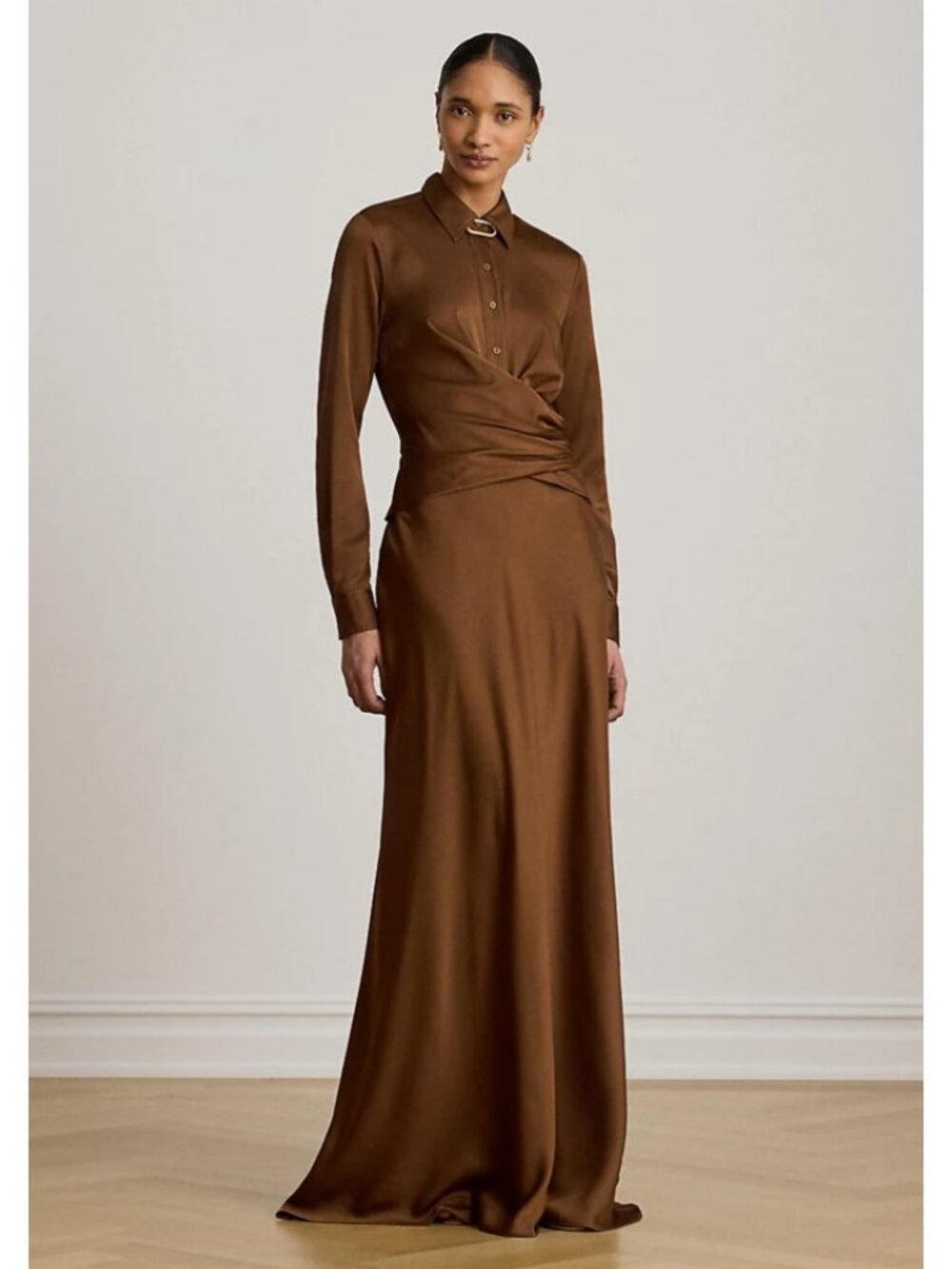 Lauren Ralph Lauren Dress Womens 2 Brown Satin Pleated Button Up Charmeuse $325
